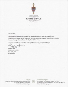 Letter from Chris Bittle Office MP for St. Catharines, Ontario